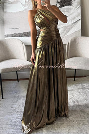 Shine Bright Metallic Fabric One Shoulder Cutout Back Lace-up Slit Maxi Dress