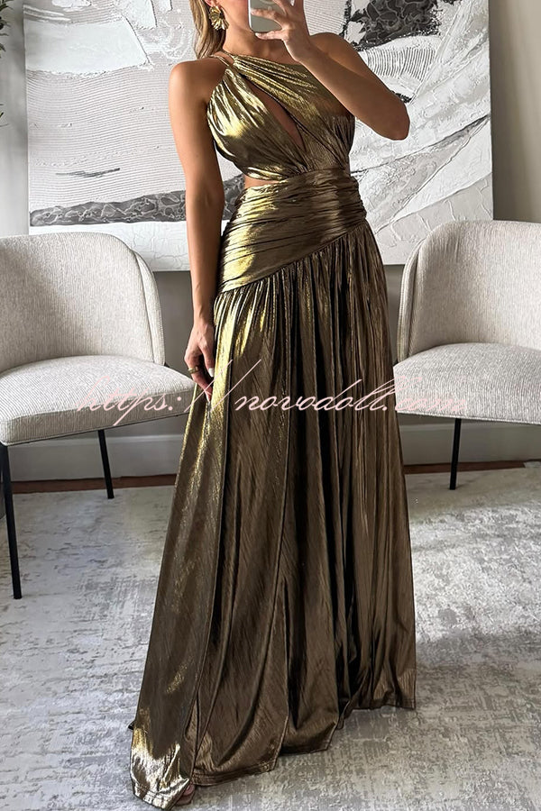 Shine Bright Metallic Fabric One Shoulder Cutout Back Lace-up Slit Maxi Dress