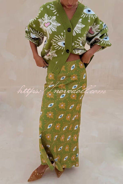 Mysterious Magic Satin Eye Heart Pattern Elastic Waist Drape Maxi Skirt