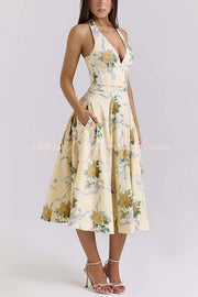 Resort Star Floral Print Waist Halterneck Tie Pocket Midi Dress