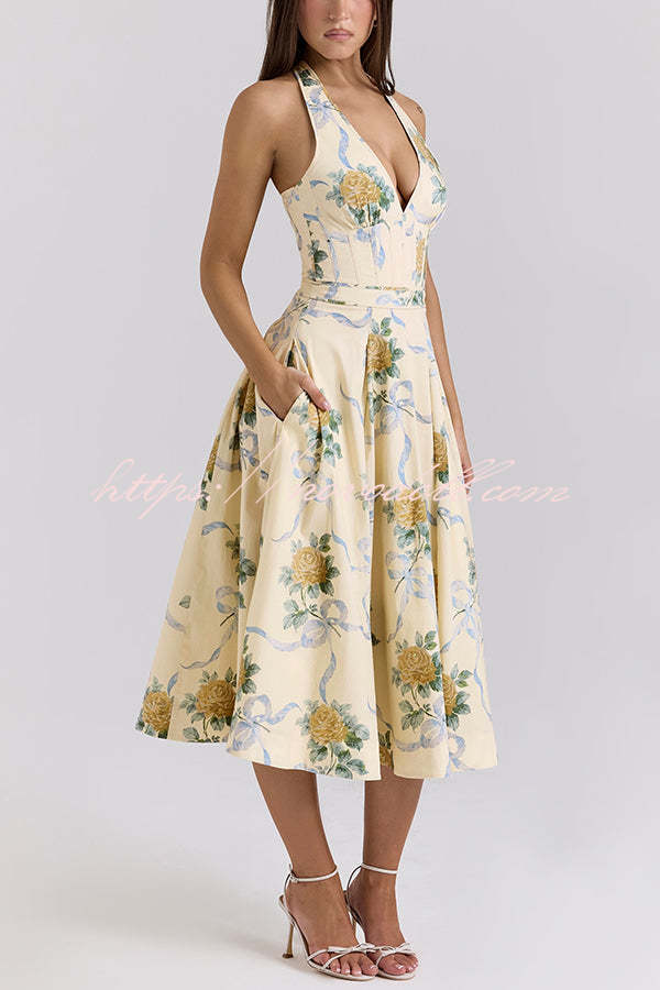 Resort Star Floral Print Waist Halterneck Tie Pocket Midi Dress