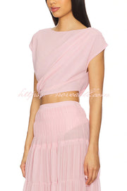 Stunning Chiffon Ruched Shoulder Short Sleeve Crop Top