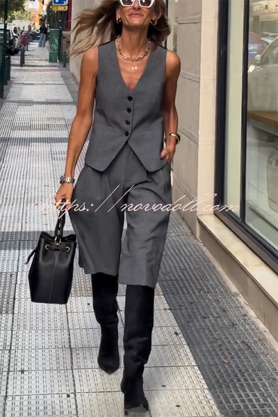 Office Social Button Back Tie-up Vest and Pocketed Wide Leg Midi Pants Set