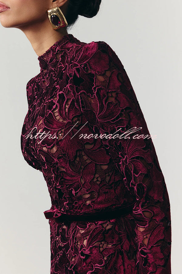 Diane Velvet Embroidered Floral Lace Long Sleeve Belt Scallop Edge Midi Dress