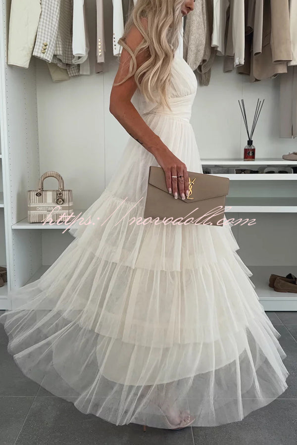 Romantic Movie Tulle Ruched Tiered Hem Slip Maxi Dress