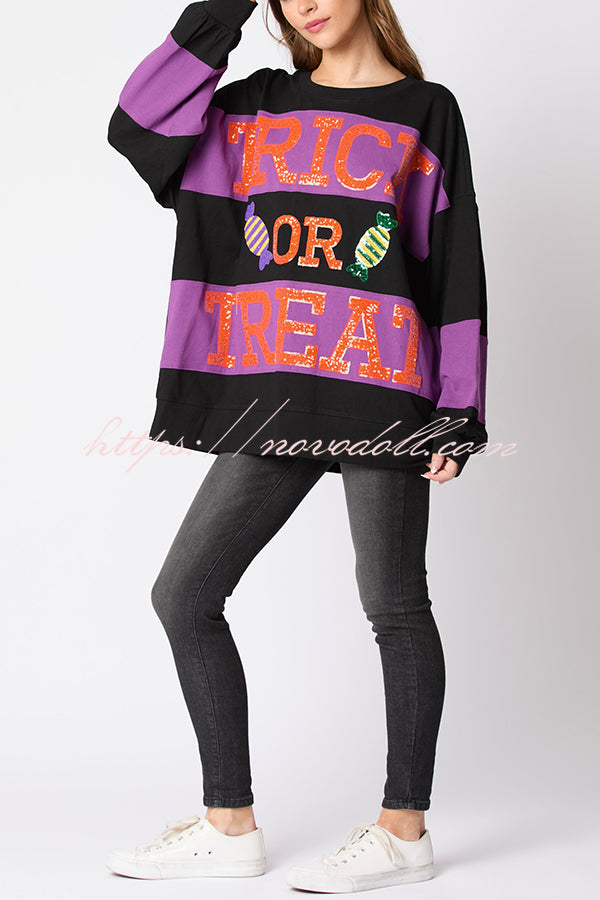 Halloween Letter Sequined Color Block Loose Casual Sweatshirt