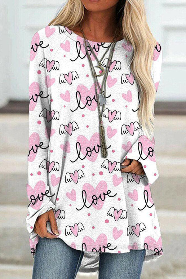 Round Neck Valentine's Day Printed Long Sleeved T Shirt