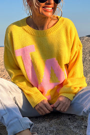 Letter Pattern Crew Neck Long Sleeve Loose Knit Sweater