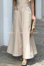 Solid Ruffle Sleeve V Neck High Waist Pocket Maxi Dress