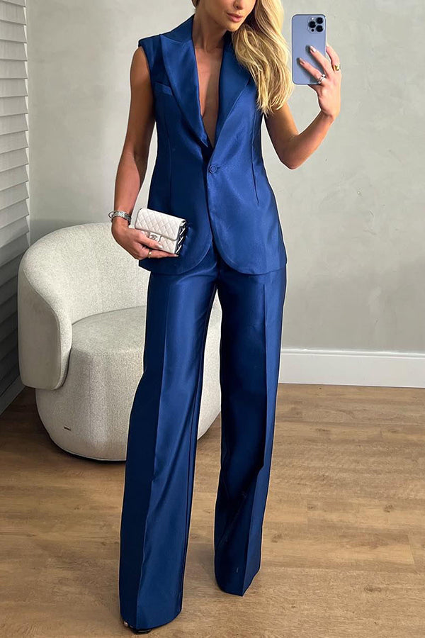 Luxurious Styling Satin Backless Straps Lapel Blazer Vest and Straight Pants Set