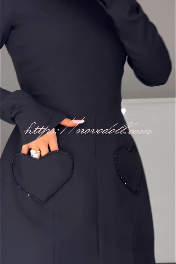 Anna Sparkling Gemstone Trim Heart Pocket Long Sleeve Mini Dress