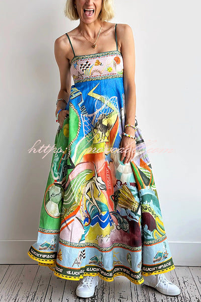 Linen Blend Unique Print Suspenders Back Pleated Pocket Resort Style Maxi Dress