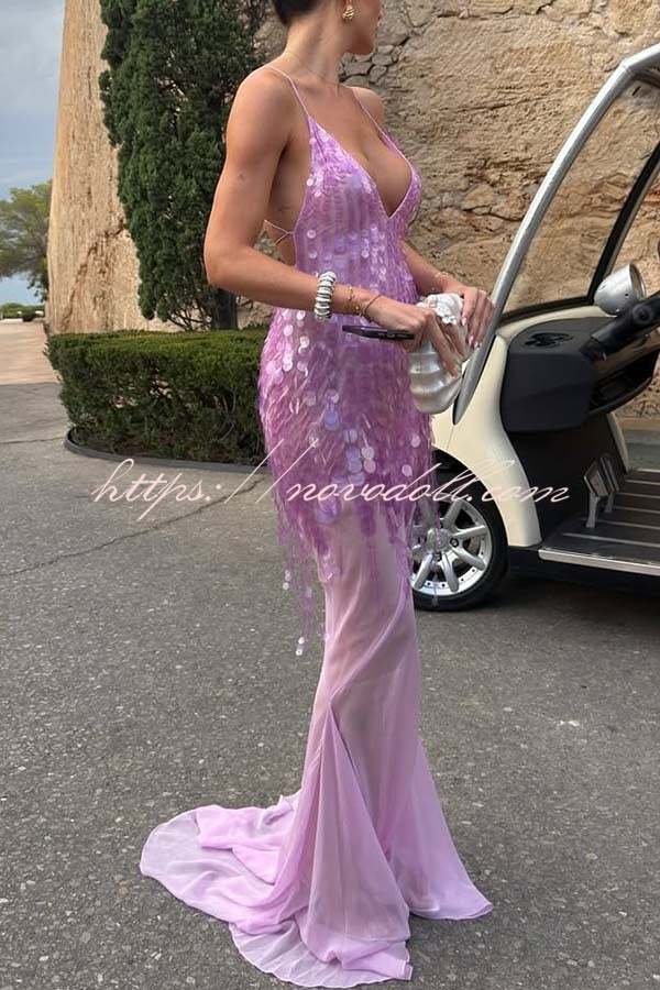 Perfect Night Sequin Embroidery Backless Drape Tulle Hem Slip Maxi Dress