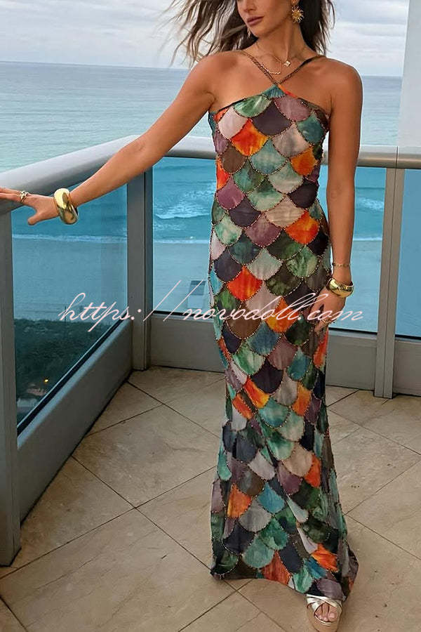Little Mermaid Colorful Scales Print Halter Maxi Dress