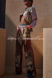 Tropical Jungle Tiger Unique Print Long Sleeve Loose Shirt and Elastic Waist Pants Set