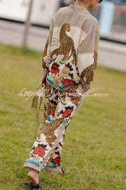 Exotic Leopard Flower Patchwork Print Elastic Waist Pocket Wide Leg Pants