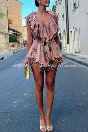 Dreamy Island Floral Leopard Print Cutout Waist Tiered Ruffles Mini Dress