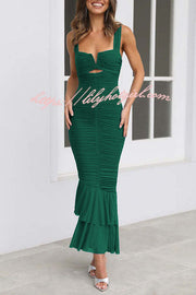 Solid Color High Waist Pleated Mermaid Dress