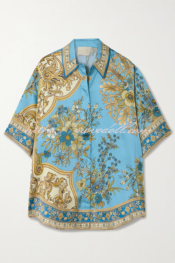 Satin Floral Print Loose Shirt and Elastic Waist Pocket Casual Wide-leg Pants