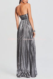 Metallic Sexy Tube Top Pleated High Slit Maxi Dress