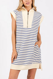 Striped Print Zipper Lapel Sleeveless Casual Mini Dress