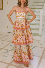 Charming Smile Floral Print Scalloped Lace-trim Back Tie-up Tiered Maxi Dress