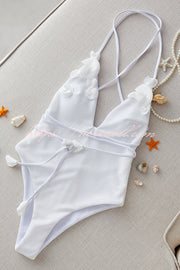 Solid Color Lace-up Flower Decoration Stretch One-piece Swimsuit