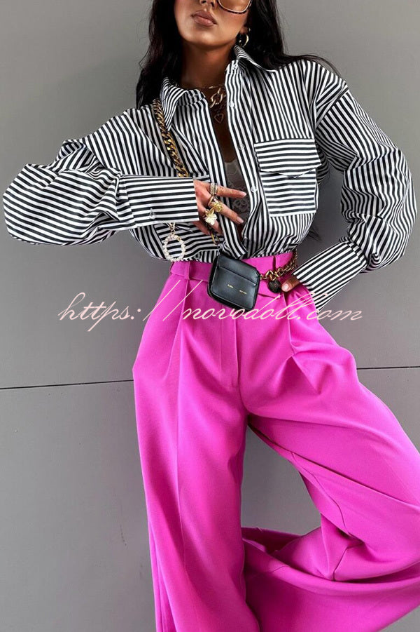 Stripe Print Lapel Long Sleeve Pocket Casual Shirt