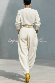 Fashionable Round Neck Long-sleeved Casual Top and High Waist Pocket Loose Wide-leg Pants Set
