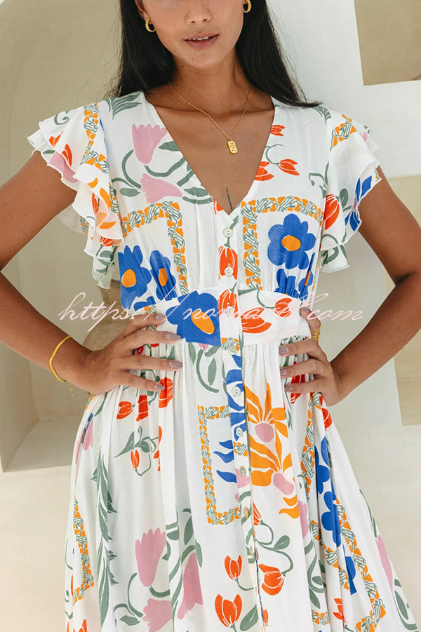 Boho Floral Print Buttoned V-neck Midi Dress