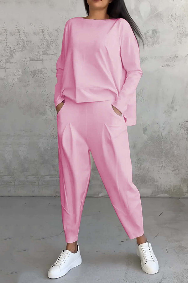 Solid Color Crew Neck Long-sleeved Irregular Loose Top and Elastic Waist Pocket Casual Pants Set