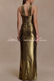 Clemence Plisse Metallic Fabric Reverse Halter Beck Strap Drape Slit Maxi Dress