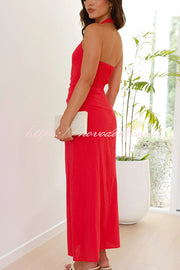 Solid Color Sleeveless Halter Neck Backless Slim Fit Maxi Dress