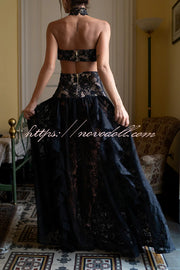 A Girls' Trip Lace High Neck Cutout Drop Waist Ruffles Maxi Dress