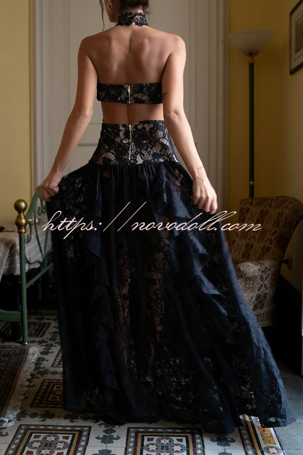 A Girls' Trip Lace High Neck Cutout Drop Waist Ruffles Maxi Dress
