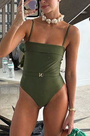 Solid Color Suspender Buckle Waist Elastic Swimsuit