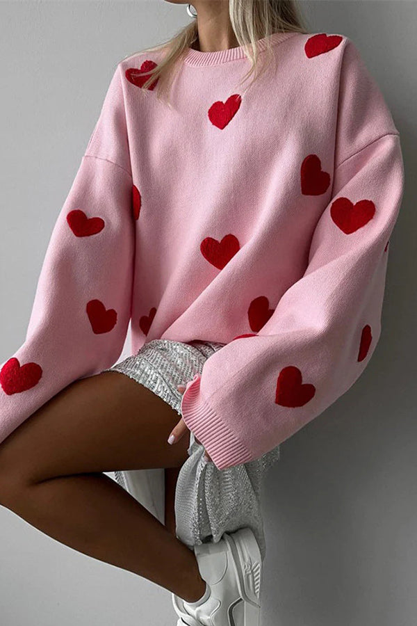 Fashionable Embroidered Love Loose Round Neck Long Sleeve Knitted Sweater