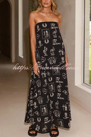 Unique Print Strapless Open Back Full Hem Maxi Dress