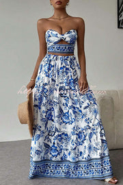 Floral Print Cutout Bandeau Top and Elastic Waist Full Maxi Skirt Set