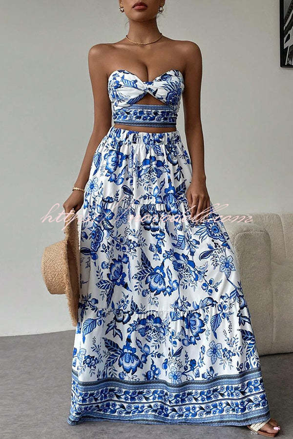 Floral Print Cutout Bandeau Top and Elastic Waist Full Maxi Skirt Set