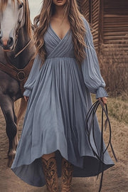 Solid Color V-neck Long-sleeved High-waist Casual Maxi Dress
