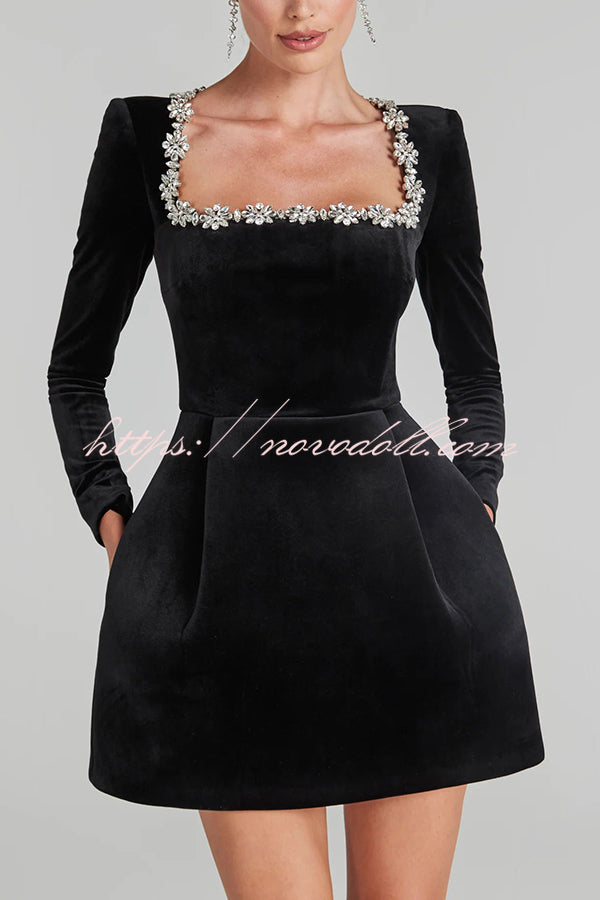 Endless Celebration Velvet Jewel Embellished Trim Long Sleeve Pocketed Mini Dress