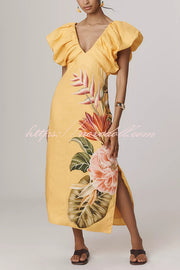 Plant Print V-neck Open Back Holiday Style Slit Midi Dress