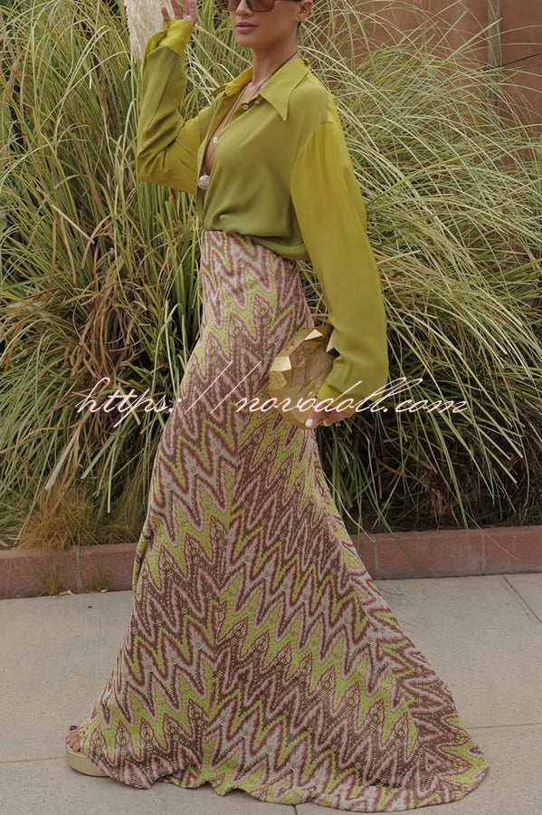 Moonlit Waltz Knit Jacquard Zigzag Print High Rise Stretch Flare Maxi Skirt