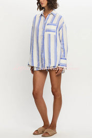 Stripe Print Lapel Long-sleeved Casual Shirt and Elastic Waist Loose Shorts Set