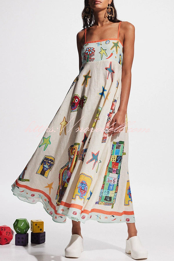 Miami Happy Hour Linen Blend Unique Print Smocked Back Pocketed Midi Dress