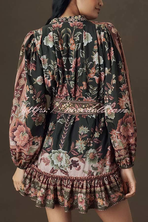 Brazilian Style Unique Floral Print Puff Sleeve Belted Pleated Hem Mini Dress