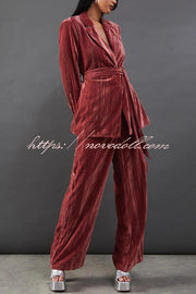 Solid Color Velvet Long-sleeved Waist Tie Top and Elastic Waist Casual Pocket Straight-leg Pants Set