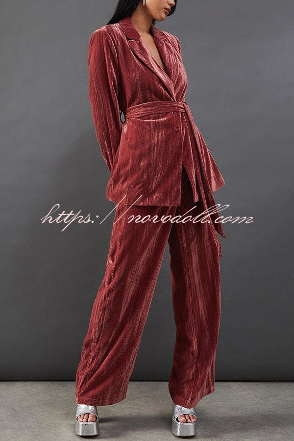Solid Color Velvet Long-sleeved Waist Tie Top and Elastic Waist Casual Pocket Straight-leg Pants Set