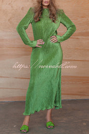 Hansin Satin Pleated Fabric Long Sleeve Wavy Trim H-line Slit Midi Dress